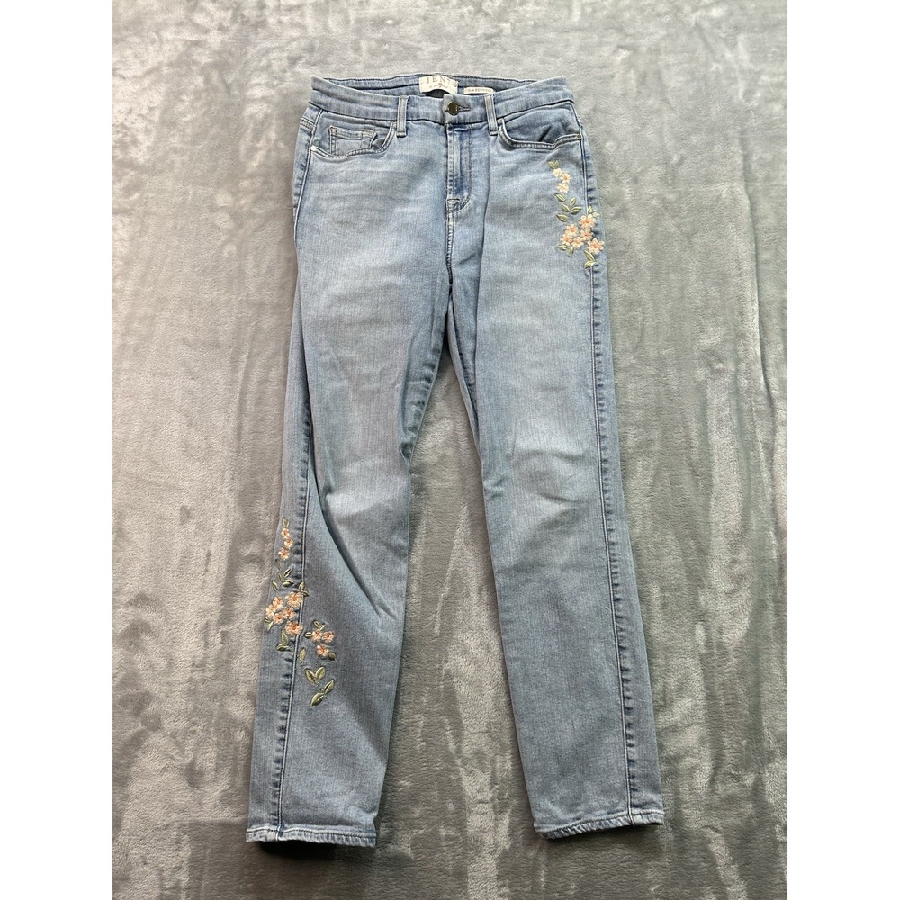 Jen7 Slim Boyfriend Flower Embroidered Mid Rise Jeans Womens Sz 2 Light Blue